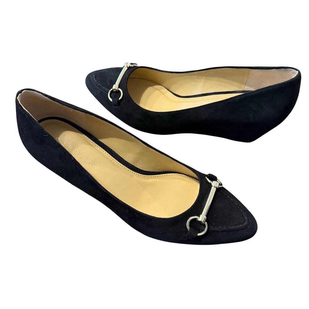 Talbots Women’s black suede leather wedge heel with gold hardware, Soze 7M